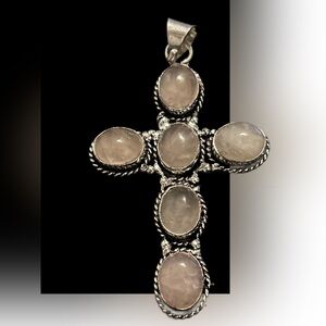 Nwots Handcrafted Silver Stamped with Pink Agate Stone Cross Pendant